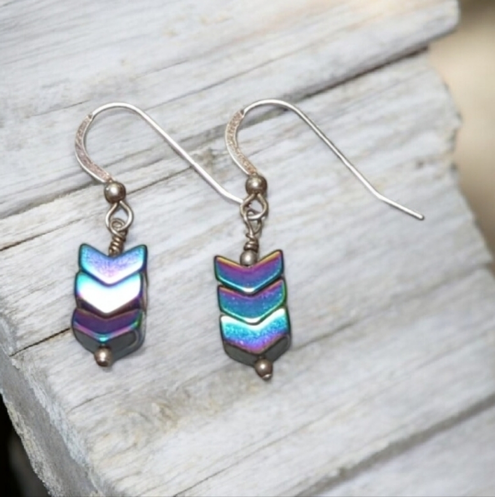 Iridescent Chevron Dangle Earrings – Stamped Hooks, Rainbow Arrow Beads